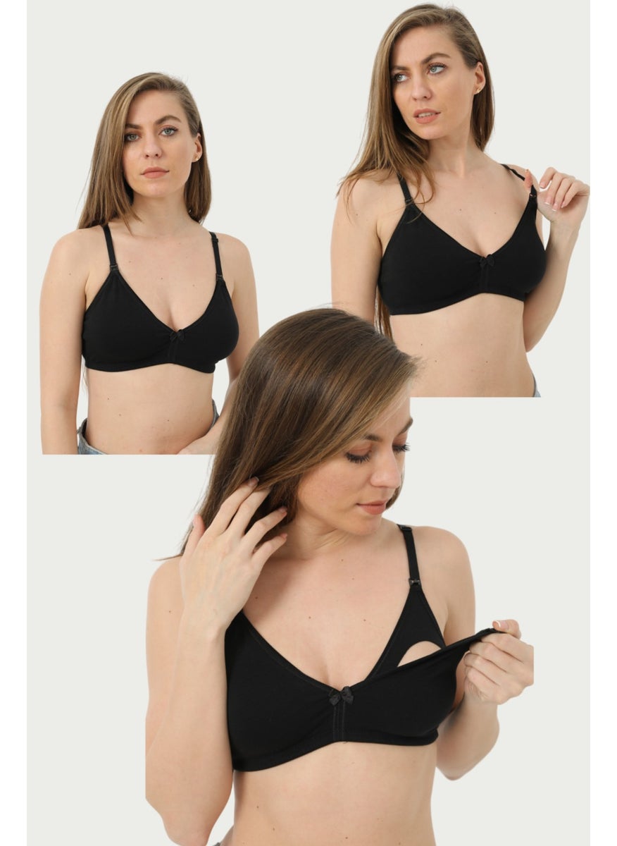 Arma Yıldız Set of 3 Black Maternity Bra Uncovered Cotton Lycra  - Image 1