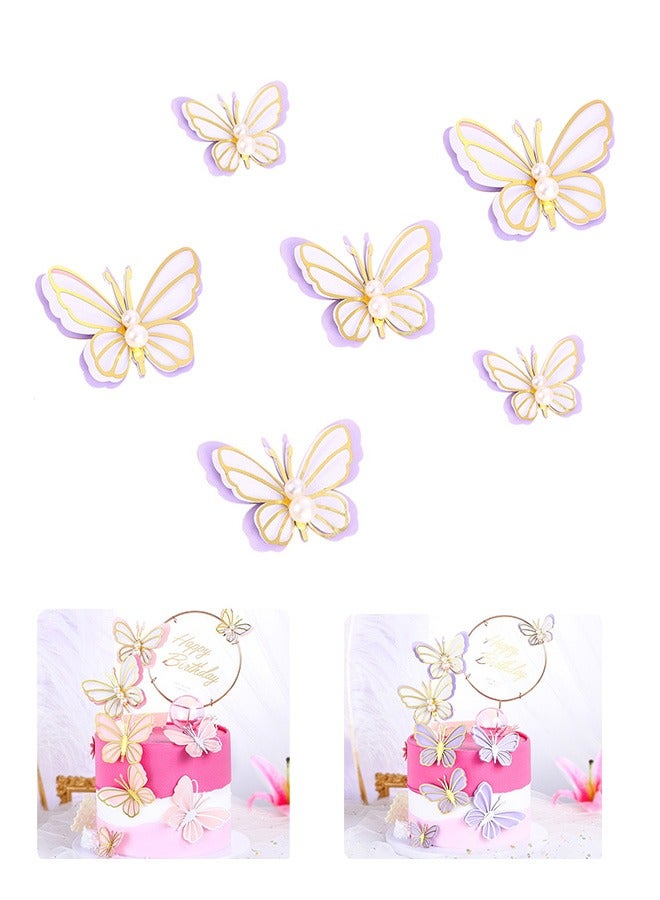 6 Pcs Pearl Butterfly 3D Cake Toppers Kit, Purple Princess Fairy party Supplies, Cupcake Toppers Picks, Decoration for Birthday Baby Shower Wedding Theme Party, Wedding Party Supplies (Purple)  - Image 1