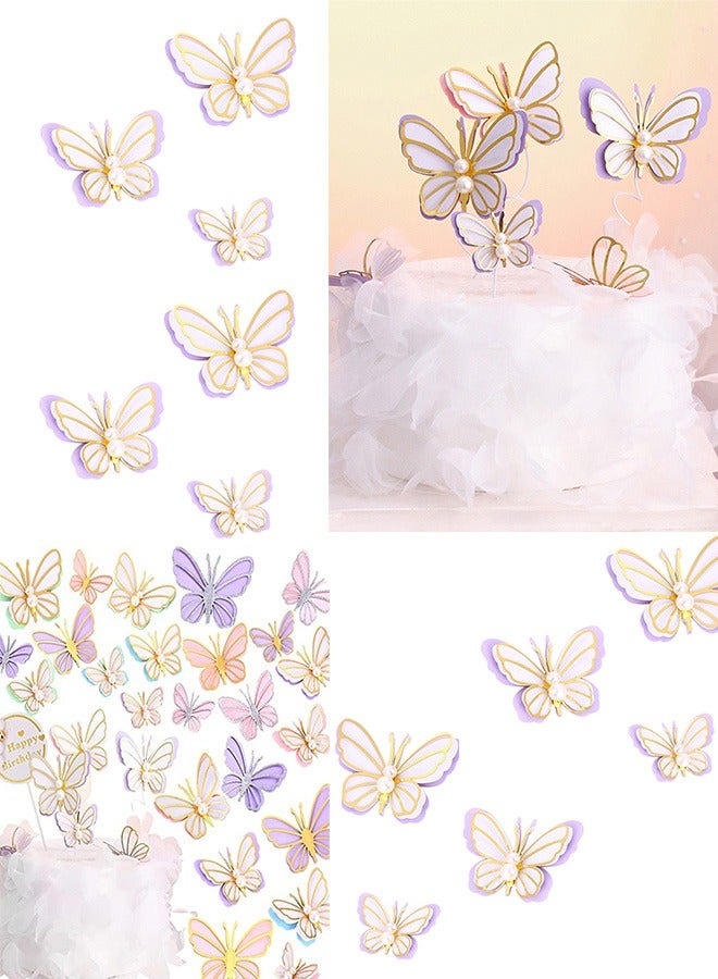 6 Pcs Pearl Butterfly 3D Cake Toppers Kit, Purple Princess Fairy party Supplies, Cupcake Toppers Picks, Decoration for Birthday Baby Shower Wedding Theme Party, Wedding Party Supplies (Purple)  - Image 2
