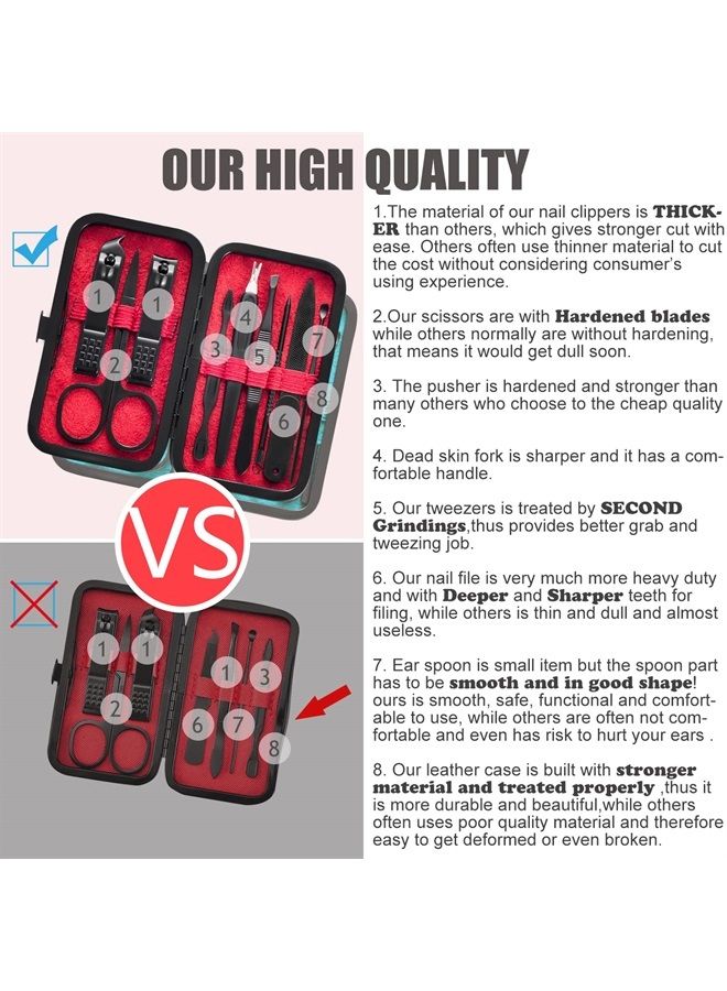 HANTEKAS Manicure Set 9 in 1 Stainless Steel, Nail Clippers Scissors Pedicure Tools Kit - Portable Travel Grooming Kit for Men and Women with Black/Red Leather Case (Red) - Image 1