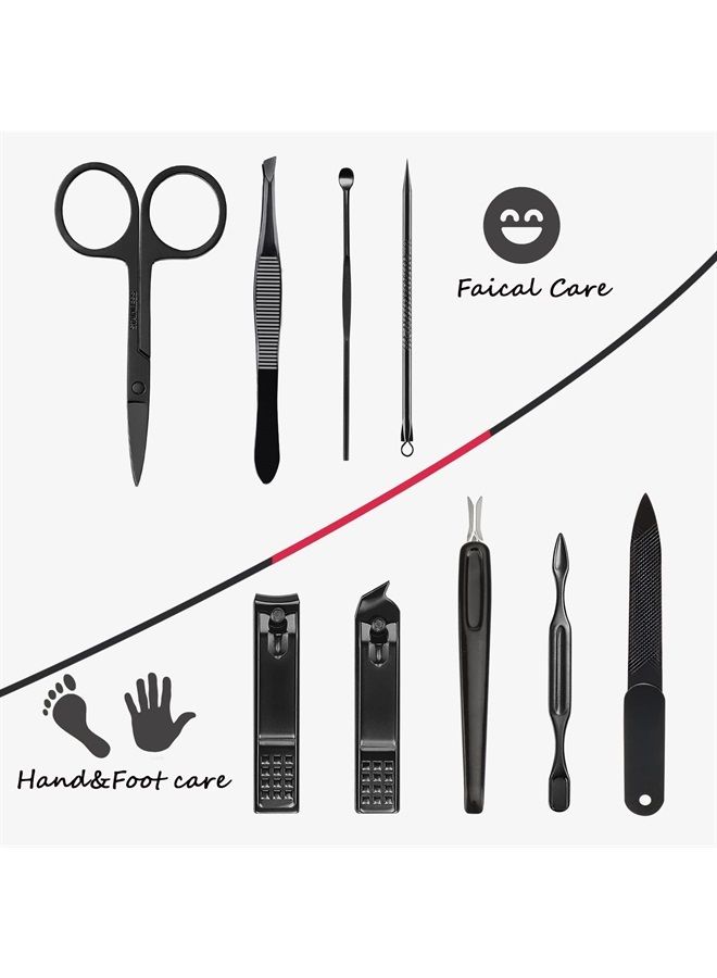 HANTEKAS Manicure Set 9 in 1 Stainless Steel, Nail Clippers Scissors Pedicure Tools Kit - Portable Travel Grooming Kit for Men and Women with Black/Red Leather Case (Red) - Image 2
