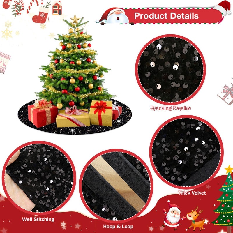 BSHSPX Black Tree Skirt Christmas Tree Skirt 36 Inch Glitter Tree Skirt Basket Sequin Trees Skirt Velvet Xmas Tree Skirts Personalized Christmas Tree Base Cover Skirt Black Christmas Ornament - Image 3