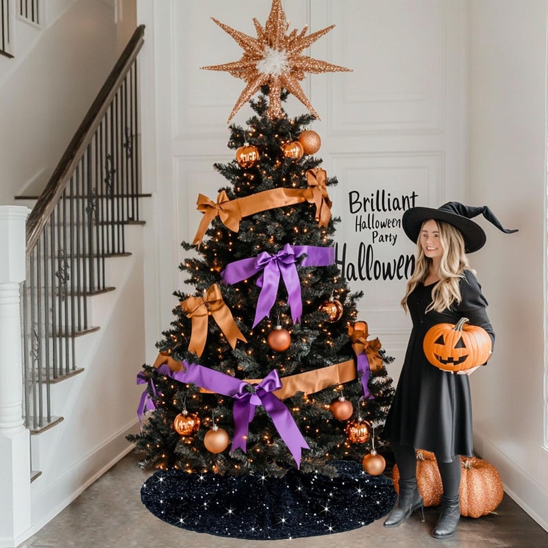 BSHSPX Black Tree Skirt Christmas Tree Skirt 36 Inch Glitter Tree Skirt Basket Sequin Trees Skirt Velvet Xmas Tree Skirts Personalized Christmas Tree Base Cover Skirt Black Christmas Ornament - Image 2