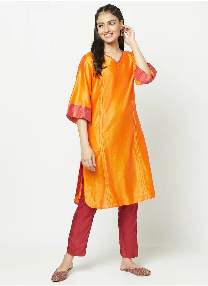فاب انديا Yellow Cotton Silk Knee Length Kurti