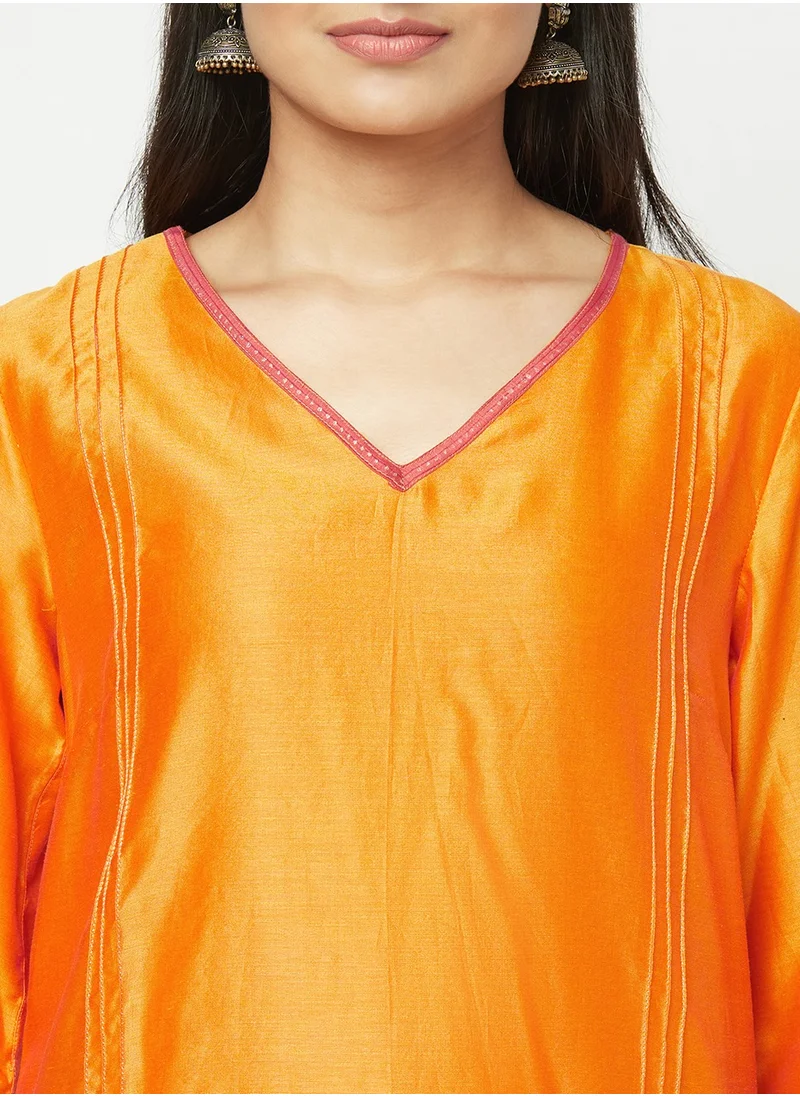 فاب انديا Yellow Cotton Silk Knee Length Kurti