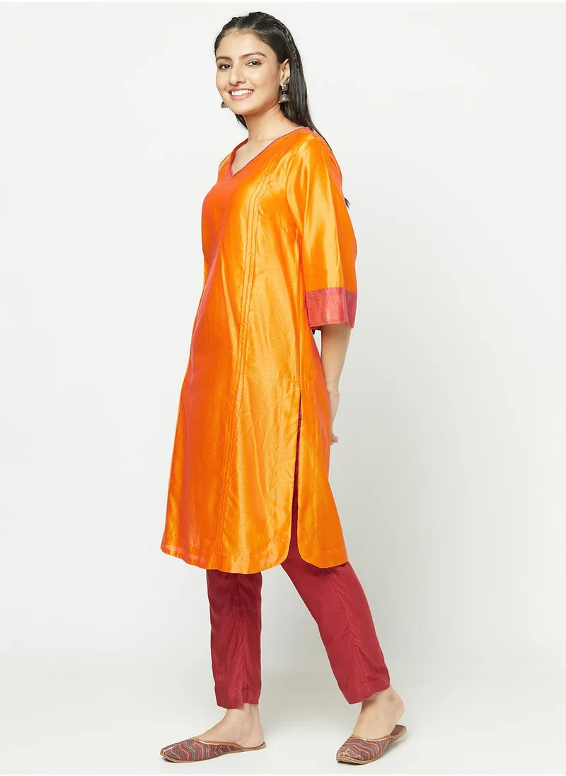 فاب انديا Yellow Cotton Silk Knee Length Kurti