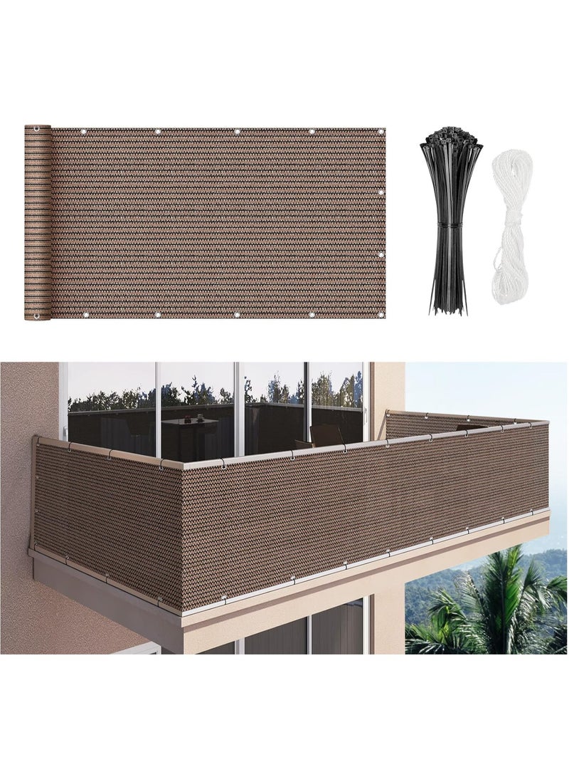 Balcony Screen Privacy Fence Cover 2.5' x 10' Sand Fence Netting Mesh Shade Cloth Fabric UV Protection for Apartment Balcony Railing Porch Outdoor, Backyard, Patio, Included Cable Ties Rope（Brown）