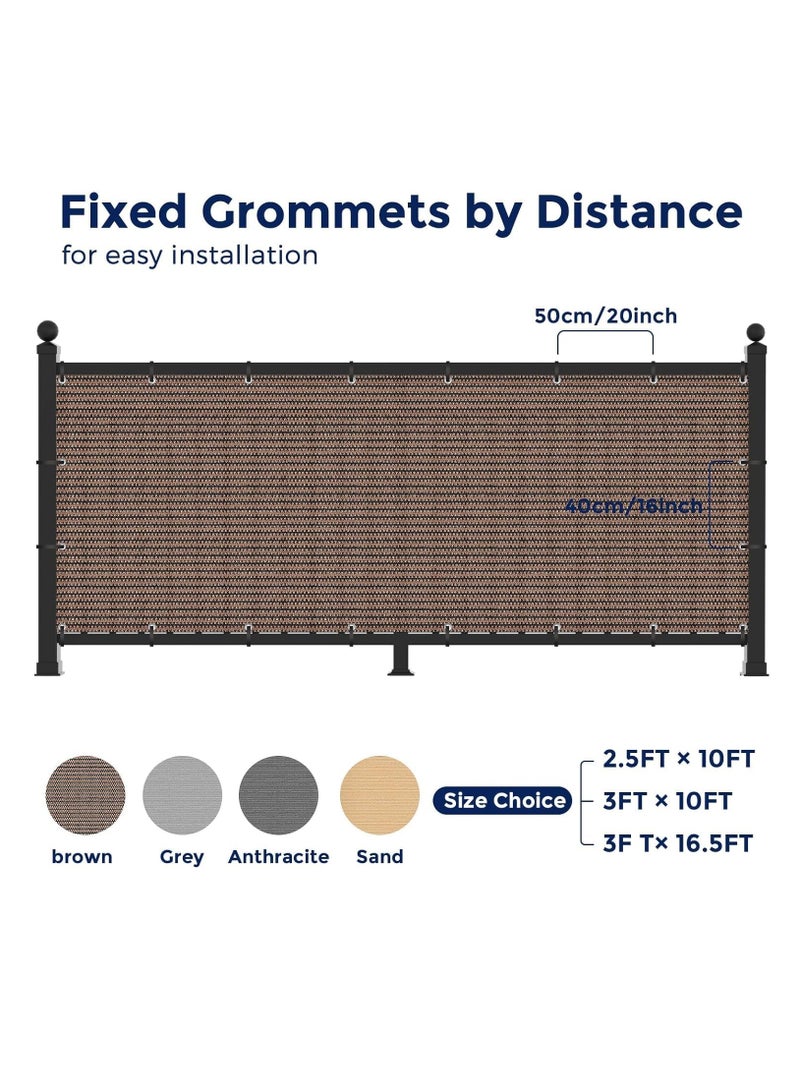 Balcony Screen Privacy Fence Cover 2.5' x 10' Sand Fence Netting Mesh Shade Cloth Fabric UV Protection for Apartment Balcony Railing Porch Outdoor, Backyard, Patio, Included Cable Ties Rope（Brown）