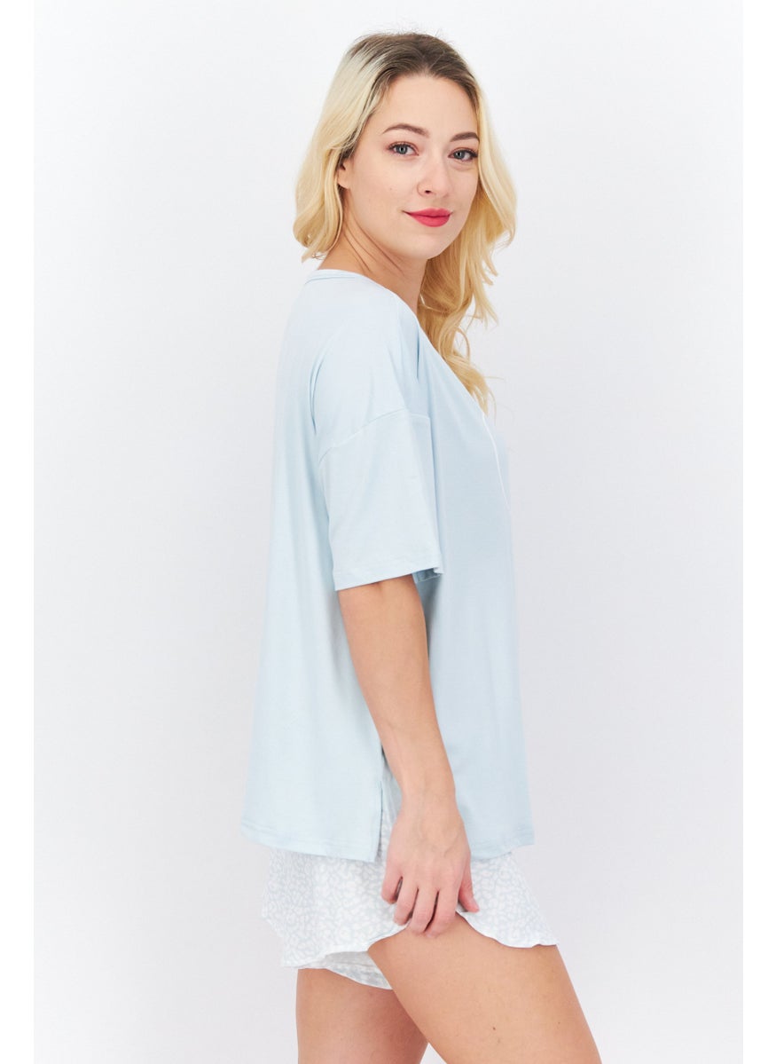 Rae Dunn - Women 2 Pieces Graphic Printed Pajama Set, Blue - Image 1