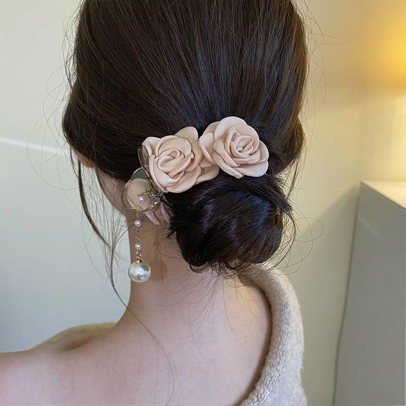 Agirlvct Small Hair Clip for Women,1.61 Inch Flower Claw Clips for Half-up Hairstyles/High Ponytail,Cute Rose Hair Jaw Clips Travel Birthday Christmas Gift for Girl Friend Thick Thin Long Hair(3 PCS Champagne) - Image 4