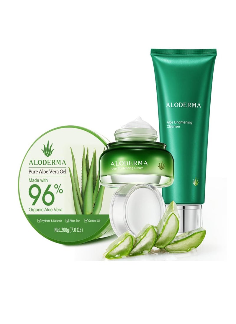 Aloderma Aloderma Basic Aloe Brightening Skin Care Set - 4 Pieces - Cleanser x 2pcs, Cream, 200g Aloe Vera Gel  - Image 1