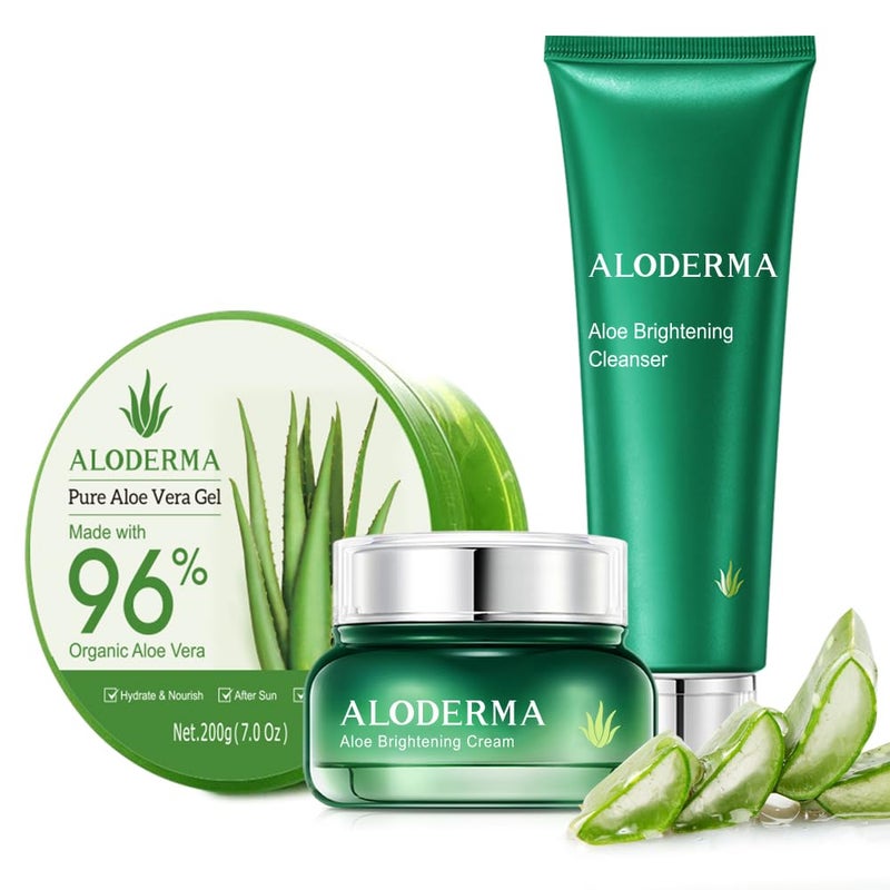 Aloderma Basic Aloe Brightening Skin Care Set - 4 Pieces - Cleanser x 2pcs, Cream, 200g Aloe Vera Gel - Image 1