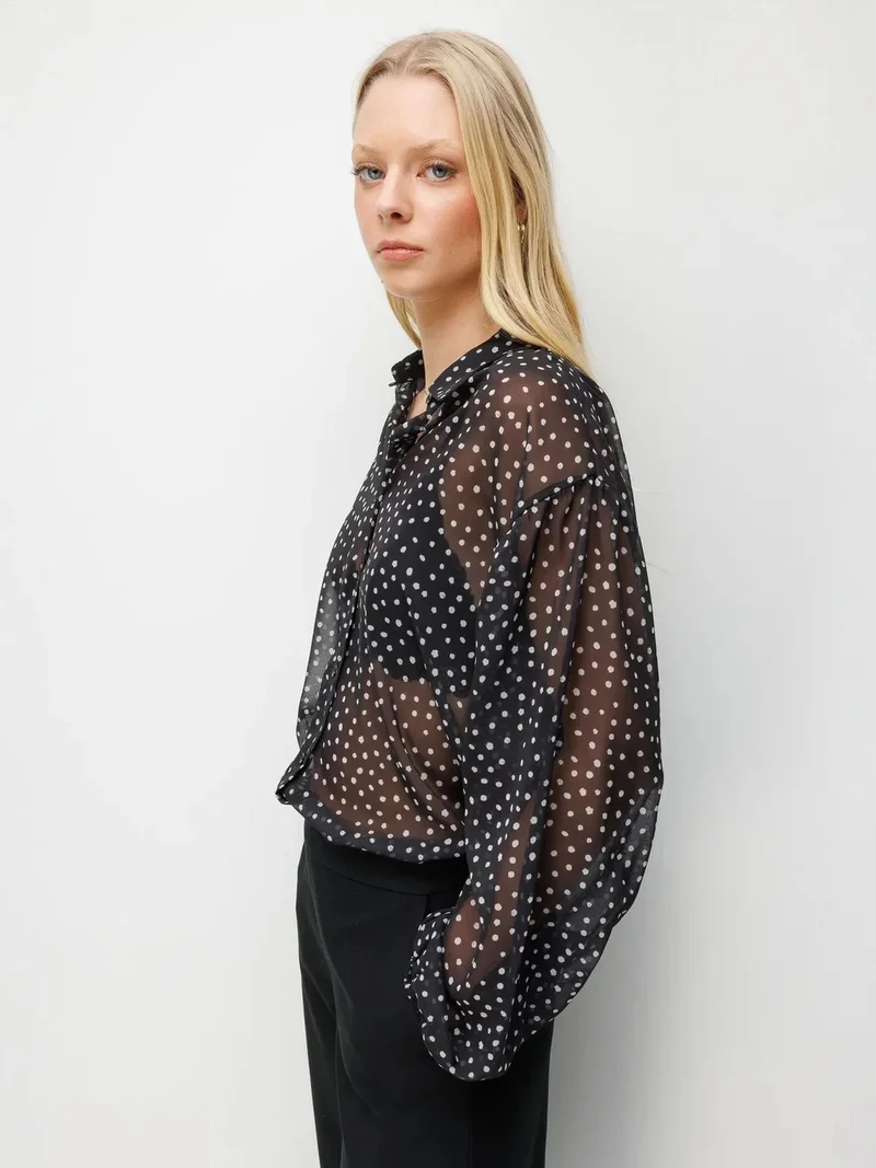Mixray Black MIXRAY Polka Dot Chiffon Button-Up Shirt for Women | Best Price UAE