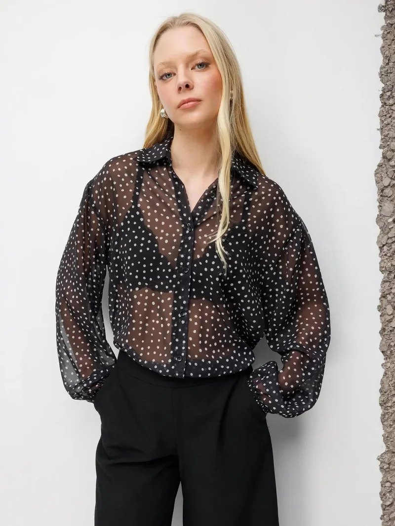 Mixray Black MIXRAY Polka Dot Chiffon Button-Up Shirt for Women | Best Price UAE