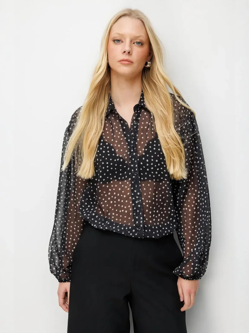 Mixray Black MIXRAY Polka Dot Chiffon Button-Up Shirt for Women | Best Price UAE