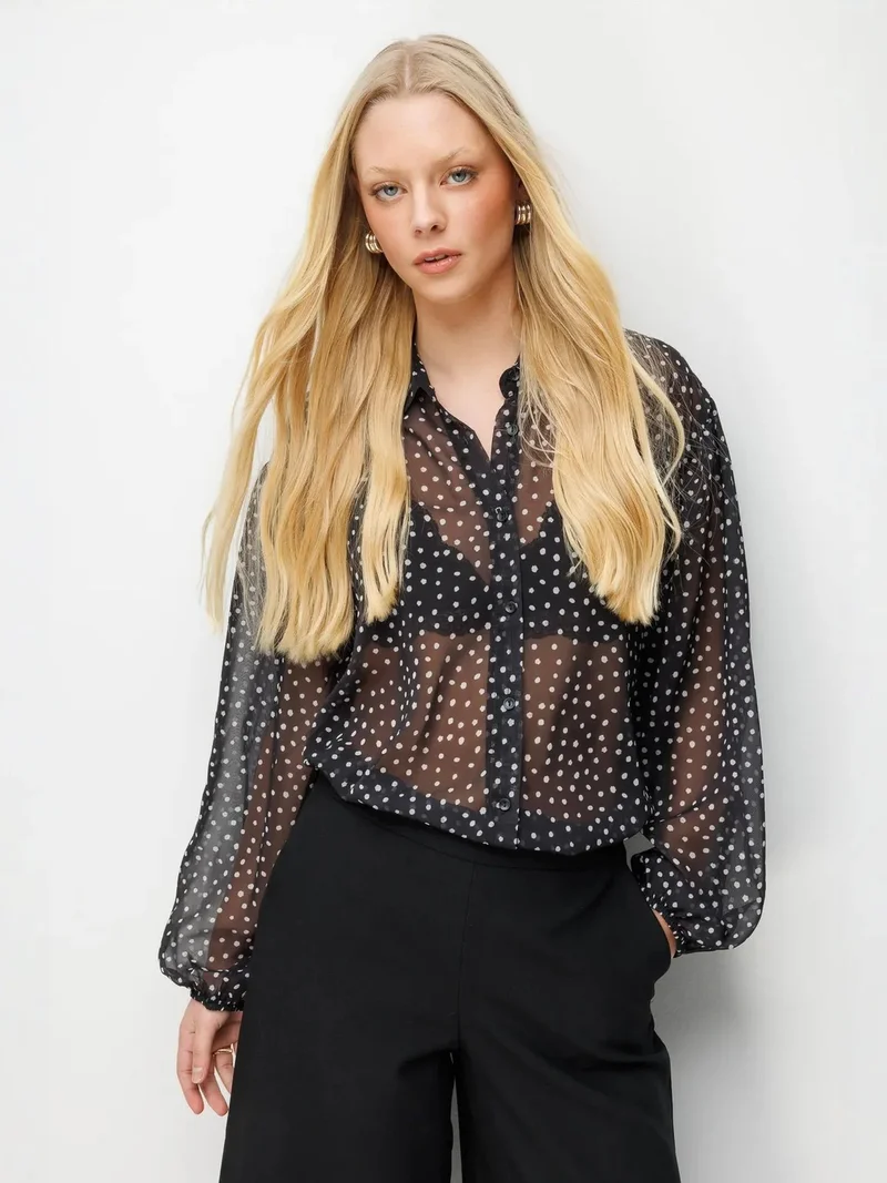 MIXRAY Polka Dot Chiffon Button-Up Shirt
