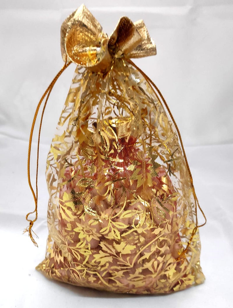 3A FEATURETAIL 3A Featuretail 6 Inch x 8 Inch Net Fabric Drawstring Pouch for Dry Fruits Packing Organza Shagun Potli Bags for Return Gifts Pack Pouches For Jewellery Pack of 50 Gold
