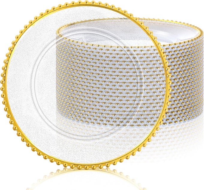 12 PACK CLEAR CHARGER PLATES BULK 13 INCH PLASTIC ROUND BEADED DINNER CHARGERS ACRYLIC FROSTED GRAIN DECORATIVE SERVICE PLATES FOR WEDDING PARTY EVENT HOME AND KITCHEN TABLETOP GOLD
