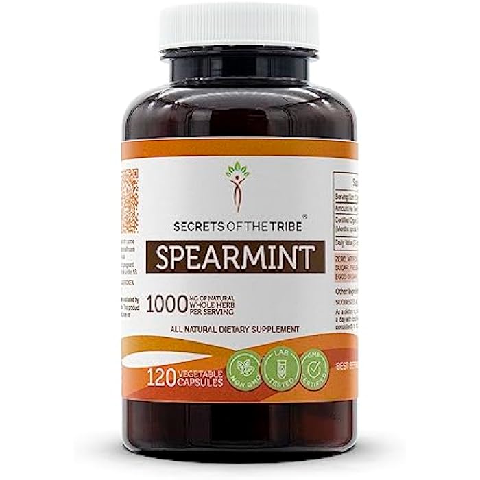 Secrets of the Tribe Spearmint Capsules 1000 mg Spearmint (Mentha spicata) Dried Leaf, Women's Hormone Support Supplement (120 Capsules) - Image 1