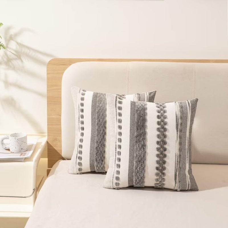 WANLIRD Boho Throw Pillow Covers 18x18 Set of 2 Farmhouse Decorative Cushion Case Striped Square Pillows Cover Chenille Pillow Cases Accent Neutral Pillowcase for Sofa Couch Bed,Gray - Image 5