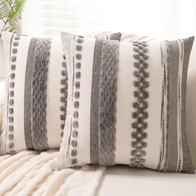 WANLIRD Boho Throw Pillow Covers 18x18 Set of 2 Farmhouse Decorative Cushion Case Striped Square Pillows Cover Chenille Pillow Cases Accent Neutral Pillowcase for Sofa Couch Bed,Gray - Image 1