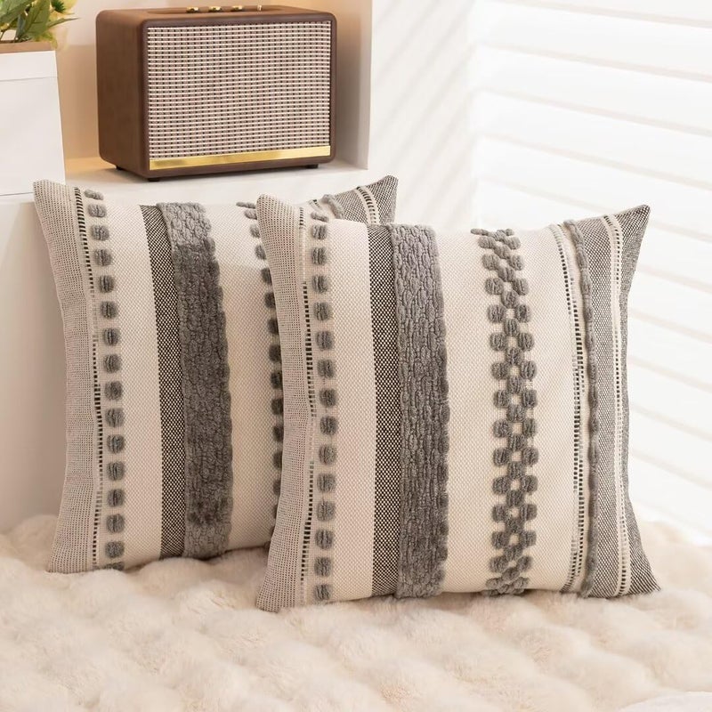 WANLIRD Boho Throw Pillow Covers 18x18 Set of 2 Farmhouse Decorative Cushion Case Striped Square Pillows Cover Chenille Pillow Cases Accent Neutral Pillowcase for Sofa Couch Bed,Gray - Image 4