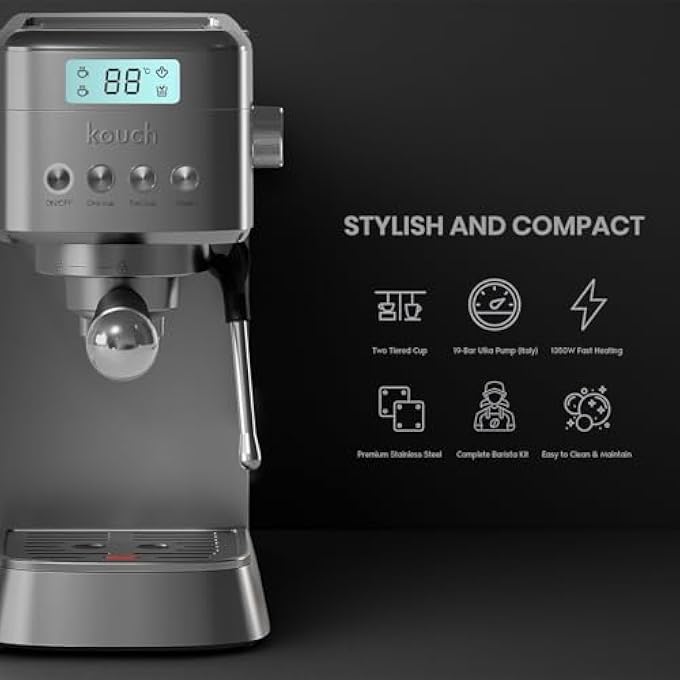KOUCH Germany Espresso Machine  1350W 19 Bar Ulka Pump 12L Water Tank Professional Portafilter With Single  Double Shot Filters Stainless Steel Tamper  Milk Jug  Kes1982 - Image 5
