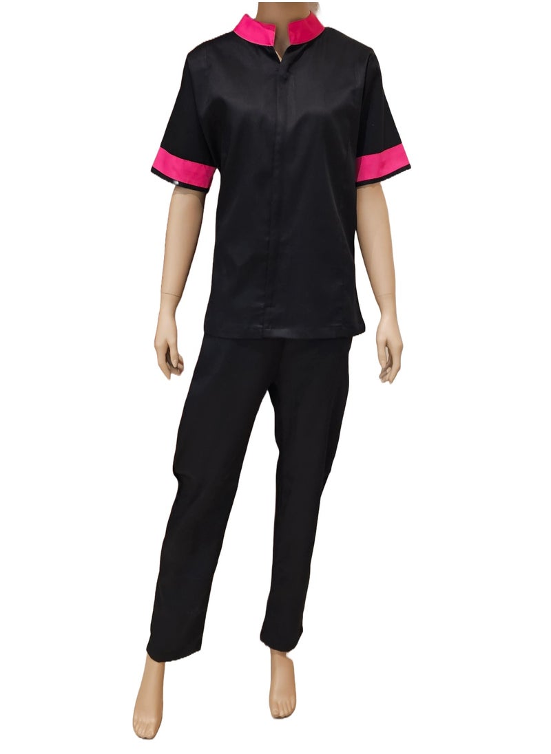 Rannah's Uniform - Mandarin collar beautiful design Uniform for Housemaids, beauty salon staff. Black with Fuschia Collar - Image 1