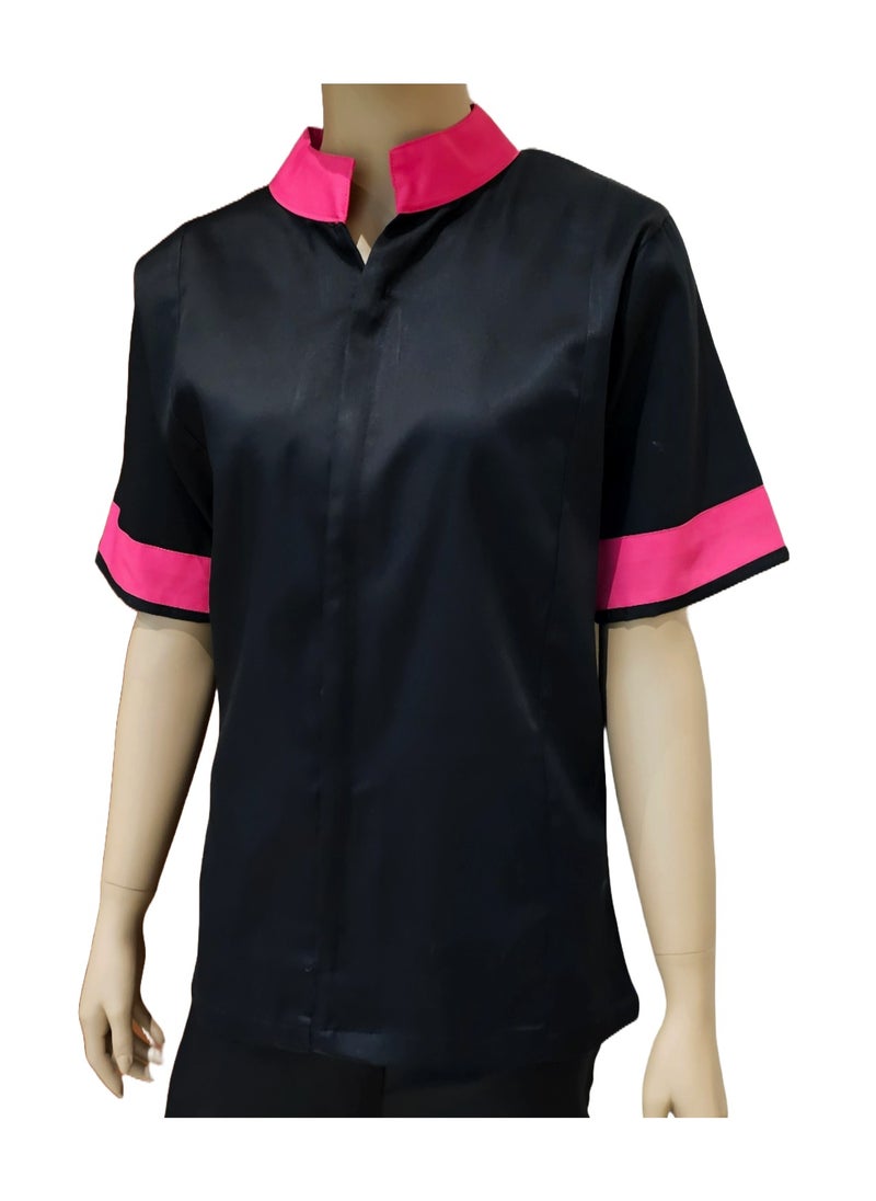 Rannah's Uniform - Mandarin collar beautiful design Uniform for Housemaids, beauty salon staff. Black with Fuschia Collar - Image 1