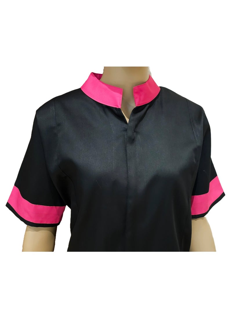 Rannah's Uniform - Mandarin collar beautiful design Uniform for Housemaids, beauty salon staff. Black with Fuschia Collar - Image 1