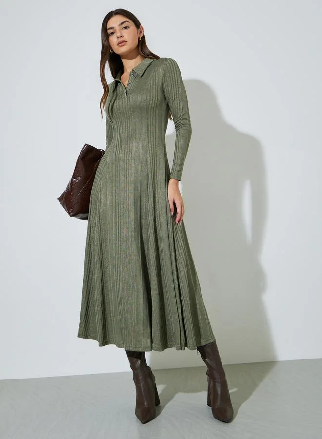 Green Ribbed Knit A-Line Maxi Dress with Collar