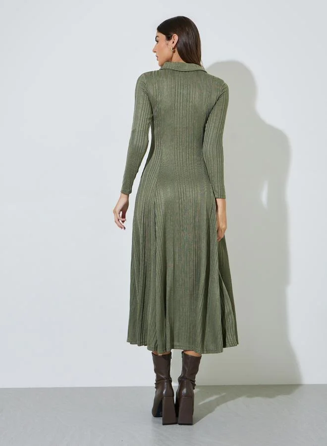 Styli  Green Ribbed Knit A-Line Maxi Dress with Collar for Women | Best Price UAE