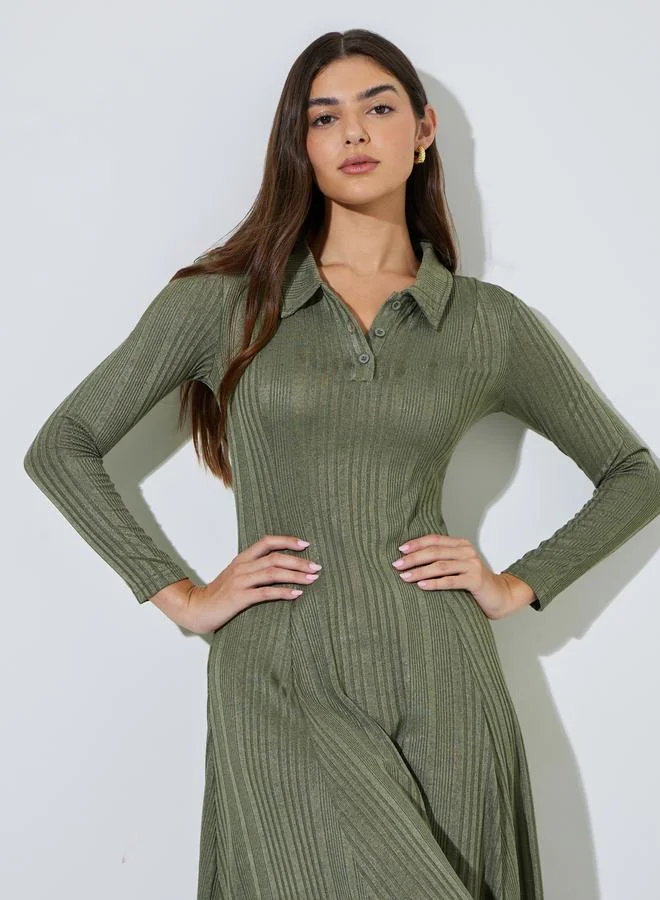 Styli  Green Ribbed Knit A-Line Maxi Dress with Collar for Women | Best Price UAE