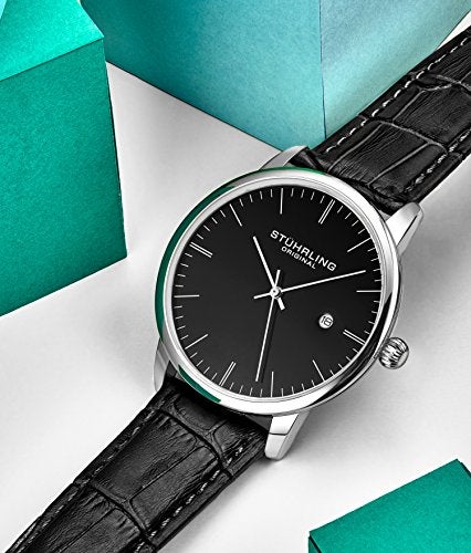 Stuhrling Original Mens Classic Dress Wrist Watch - Black Leather Strap Minimalist Analog Watch with Date - Image 3