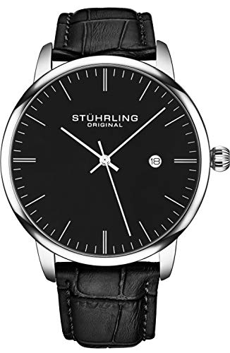 Stuhrling Original Mens Classic Dress Wrist Watch - Black Leather Strap Minimalist Analog Watch with Date - Image 1