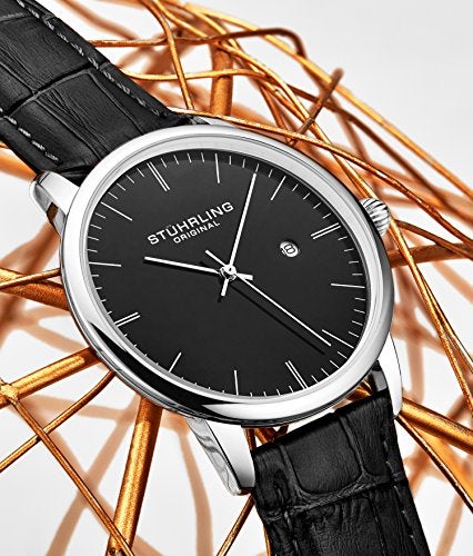 Stuhrling Original Mens Classic Dress Wrist Watch - Black Leather Strap Minimalist Analog Watch with Date - Image 4