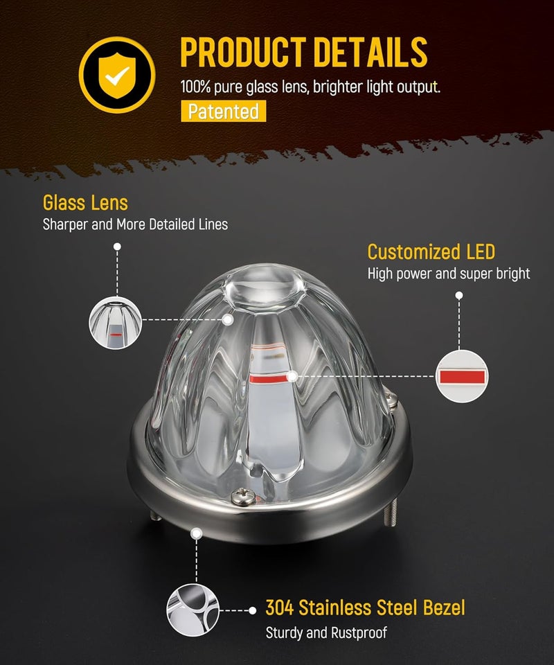 Partsam 2Pcs Glass Watermelon Lights - Clear Lens Red LED Side Marker Turn Signal Lights for Trucks - Image 3
