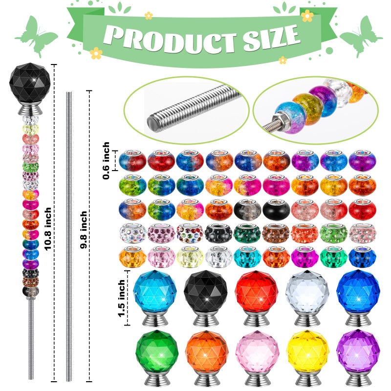 KVCSYAW 230 Pcs Beaded Garden Stakes, DIY Fairy Wand Garden Stake Beads Kits with 200 Colorful Assortment Round Large Hole Beads with 10 Round Stopper Top, 10 Threaded Rod and 10 Nuts for Outdoor Decoration - Image 2