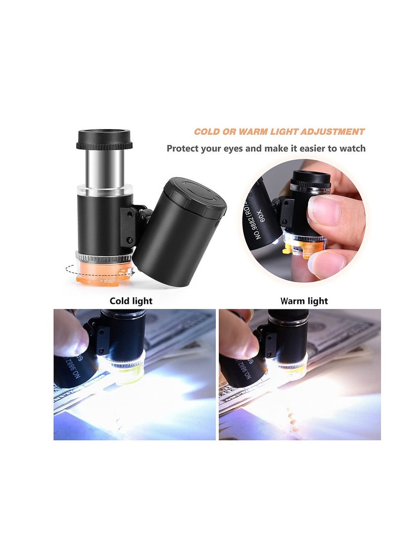 SYOSI 60X Mini Pocket Microscope, 2 Pcs Jewelry Microscope Mini Portable Pocket Magnifying Glass, Handheld Jewelers Eye Loupe with 3 Light, for Handcrafts Jewelry Diamond Gem Coins Currency - Image 3