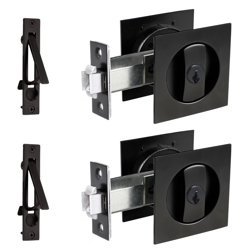 Dontay 2 Pack Pocket Door Lock with Key Contemporary Entrance Sliding Barn Door Lock Latch Recessed 2 Sided 2 38 Backset Flush Handles Hardware Including Edge Pull Matte Black Square - Image 2