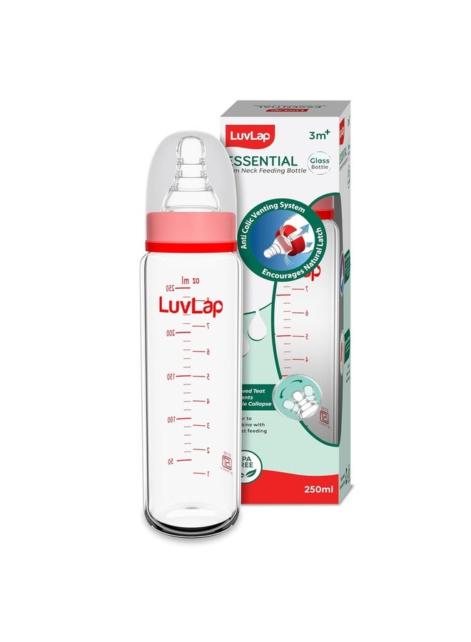Luvlap زجاجة رضاعة بصرية ذات عنق نحيف أساسية، 250 مل، 3 أشهر فما فوق/للأطفال حتى 3 سنوات، مصنوعة من زجاج البورسليكات، خالية من BPA، شكل مريح مع حلمة مضادة للمغص، عبوة من 1، أبيض وأحمر - Image 1