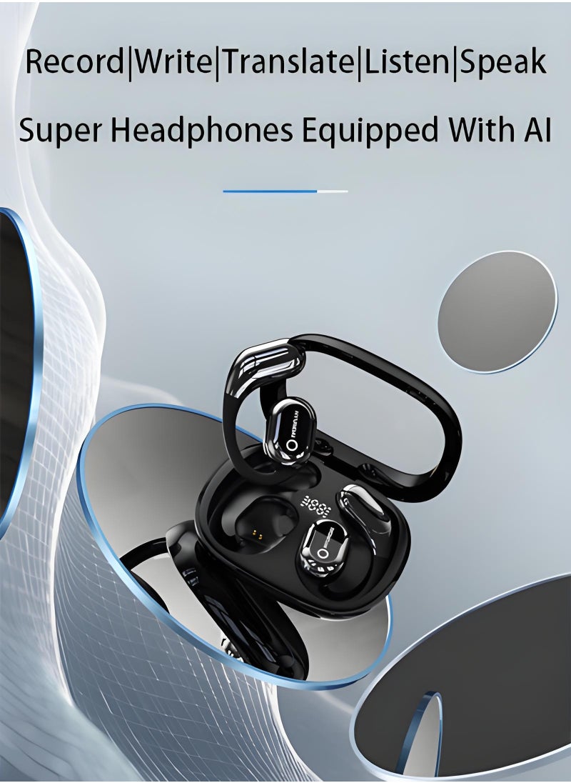 HYUNDAI - AI Translator TWS Bluetooth Headset Display Power Noise Reduction Ear-Hanging Sports Wireless Bluetooth Headset - Cool Black - Image 1