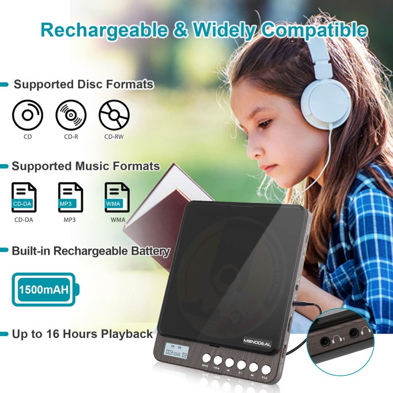 MONODEAL CD Player Portable, MONODEAL Portable Rechargeable Player with Dual Headphones Jack, Small Anti-Skip CD Player for Car/Travel/Home, Personal CD Player for Adults Kids (Dark Brown) - Image 4