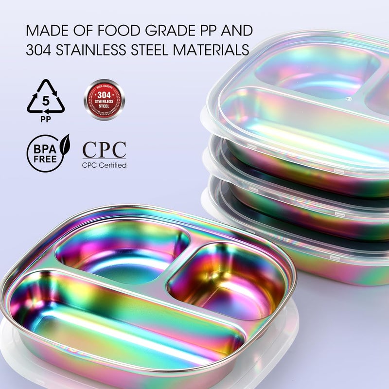 AIEVE Stainless Steel Kids Plates, Pack of 4 Stainless Steel Divided Toddler Plate with Lids - Image 2