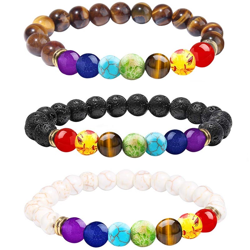 ONESING 3 Pcs Chakra Bracelets for Women Rock 7 Chakras Crystals and Healing Stones Bracelets 8mm Crystal Bracelets Yoga Beaded Bracelets for Women Men Essential Oil Diffuser - Image 1