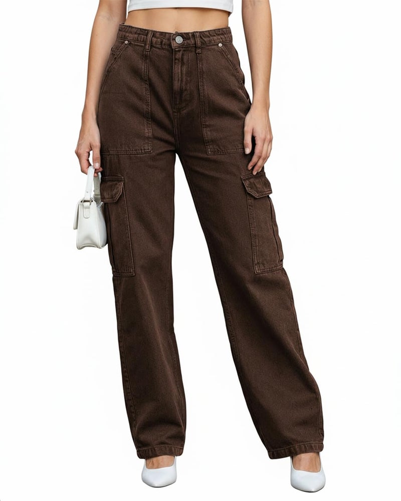 Bewakoof Women's Washed Straight Fit 100% Cotton Acid Wash Cargo Jeans_652460_Brown_30 - Image 1