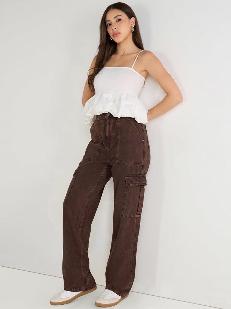 Bewakoof Women's Washed Straight Fit 100% Cotton Acid Wash Cargo Jeans_652460_Brown_30 - Image 4