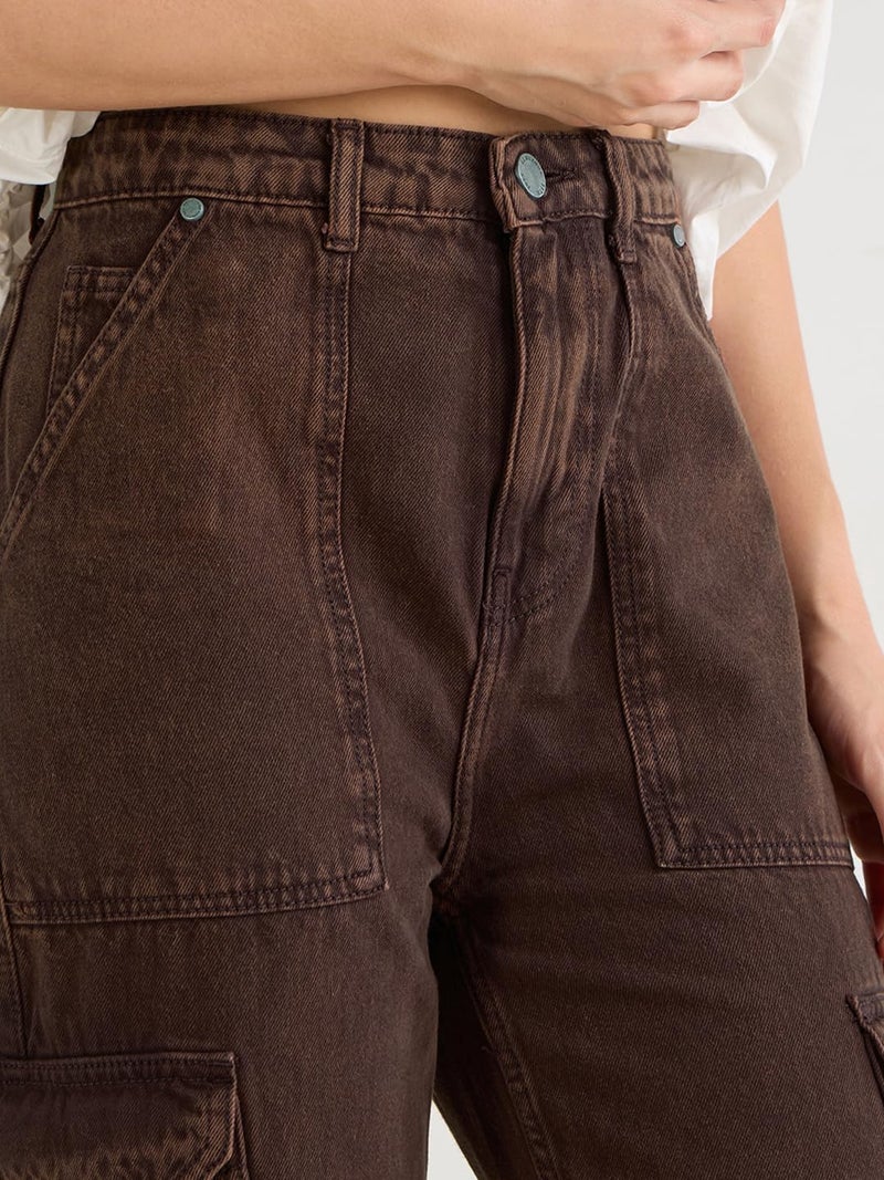Bewakoof Women's Washed Straight Fit 100% Cotton Acid Wash Cargo Jeans_652460_Brown_30 - Image 5
