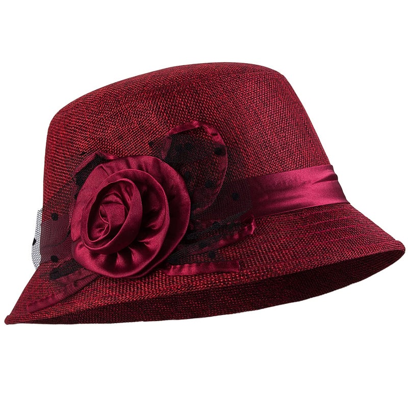 CROWN GUIDE 1920s Gatsby Church Cloche Derby Hats for Women Ladies Bow Bucket Wedding Bowler Hats Tea Party Red - Image 1
