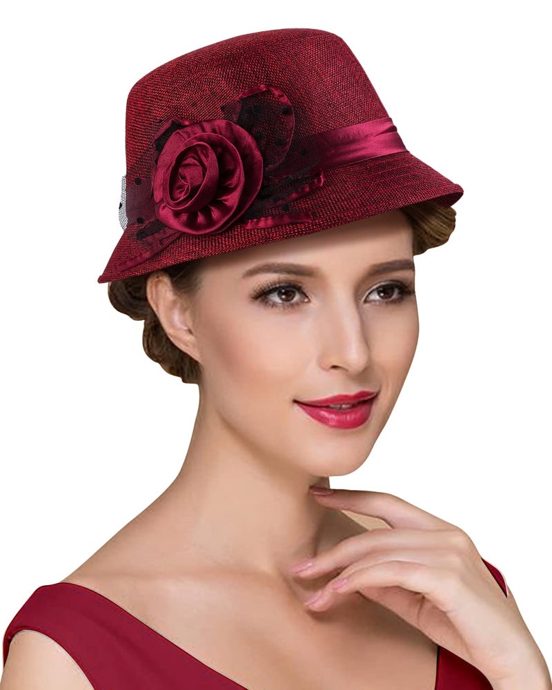 CROWN GUIDE 1920s Gatsby Church Cloche Derby Hats for Women Ladies Bow Bucket Wedding Bowler Hats Tea Party Red - Image 2